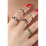 Gümüş Renk Lotus Model Siyah Kristal Taş Detay Bayan Yüzük Kombin (Timya/1395) 189832