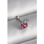 Gümüş Renk Pembe Mineli Kalp Zirkon Taş Detaylı Taç Tragus Piercing - EBJ241123W29414