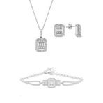 Gümüş rodyumlu baget taşlı kolye küpe ve bilezik gümüş set