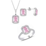 Gümüş rodyumlu pembe baget taşlı üçlü set