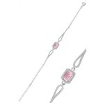 Gümüş rodyumlu pırlanta modeli pembe zirkon taşlı baget bileklik