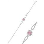 Gümüş rodyumlu pırlanta modeli pembe zirkon taşlı kare bileklik