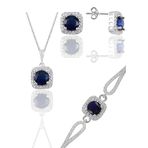 Gümüş rodyumlu safir taşlı kare kolye küpe ve bileklikten oluşan üçlü set [barcode]