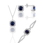 Gümüş rodyumlu safir taşlı kare kolye küpe ve bileklikten oluşan üçlü set