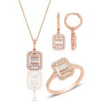 Gümüş rose baget taşlı çizgili üçlü set