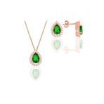 Gümüş rose kök zümrüt taşlı damla modeli ikili set