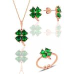 Gümüş rose kök zümrüt taşlı yonca kolye küpe ve yüzük üçlü set SGTL11664YESIL
