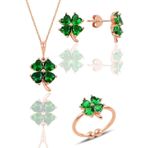 Gümüş Rose Kök Zümrüt Taşlı Yonca Kolye Küpe Ve Yüzük Üçlü Set