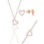 Gümüş rose zirkon taşlı kalp kolye,bileklik ve küpe üçlü set