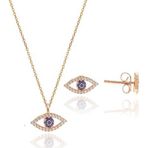Gümüş rose zirkon taşlı safir göz kolye ve küpe gümüş ikili set [barcode]