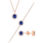 Gümüş rose zirkon ve safir taşlı pırlanta modeli üçlü set