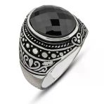 Gümüş Siyah Zirkon Taşlı Oval Erkek Yüzük T8453