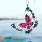 Gümüş Üç Boyutlu Turkuaz Ve Ruby Zirkon Taşlı Kelebek Kolye