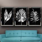 Gümüş Yapraklar-3 Temalı Aynalı Çerçeveli 3 lü Kanvas Tablo Seti 150x70 cm SETS0354