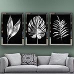 Gümüş Yapraklar Temalı Aynalı Çerçeveli 3 lü Kanvas Tablo Seti 150x70 cm SETS0052