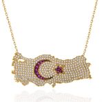 Gumush T7369 Gold Ay Yıldız Türkiye Haritası Kadın Gümüş Kolye