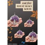 GÜMÜŞTEL EL SANATLARI Sertifikalı Doğal Taş Ametist Hayat Ağacı Tasarım Kolye Sürpriz Hediyeli 5x5 Cm