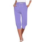 Gündelik kadın pantolonu, 3/4 uzun koşu pantolonu, spor pantolonu, yüksek bel, rahat, bol eşofman altı, büzme ipli cepli, yazlık pantolon, hafif, rahat kapri pantolon, koşu pantolonu, Açık Lila #1, S