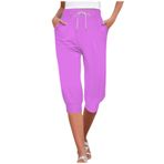 Gündelik kadın pantolonu, 3/4 uzun koşu pantolonu, spor pantolonu, yüksek bel, rahat, bol eşofman altı, büzme ipli cepli, yazlık pantolon, hafif, rahat kapri pantolon, koşu pantolonu, Lila #1., M