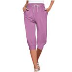 Gündelik kadın pantolonu, 3/4 uzun koşu pantolonu, spor pantolonu, yüksek bel, rahat, bol eşofman altı, büzme ipli cepli, yazlık pantolon, hafif, rahat kapri pantolon, koşu pantolonu, Lila #3, M