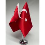 Gündoğan Kristal Türk Saten Masa Bayrağı Çiftli - Gümüş