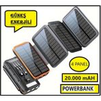 Güneş Enerjili 20000 Mah Powerbank Solar 4 Panel Su Geçirmez Hızlı Pd 20w Hızlı Şarj Renkli