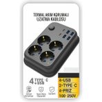Gunkes Akım Korumalı 4’lü Priz 2x Usb-C 4x Usb-A Şarj 2m Kablo Uzatma Çocuk Korumalı Çoklu Priz İST34 - Siyah