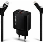GUNKES USB-C Power Delivery ve USB-A Quick Charge 3.0 desteği ile 38W Çoklu Kablolu Turbo Ev Tipi Şarj Aleti - Siyah