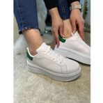 Günlük Kadın Sneaker Bağcıklı Kalın Yüksek Taban Leopar Detay Spor Ayakkabı 065 (Beyaz - Yeşil)