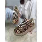 Günlük Kadın Sneaker Leopar Desenli Bağcıklı Oval Burun Yüksek Kalın Topuklu Spor Ayakkabı 313 - Koyu Leopar