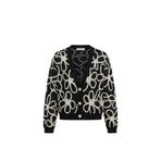 Günlük Moda Siyah Beyaz Çiçek Desenli V Yaka Hırka, Uzun Kollu, Süzene Detaylı Tül Hırka (L/XL)