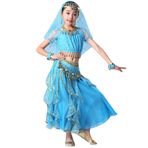 GUOCU Kız çocuk prenses performans sahne oryantal dans kostüm seti hint dans üst ve etek bozuk para pullu profesyonel karnaval dans elbise, Lakeblue (7 adet), L