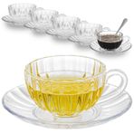 GURUDAR Cam Çay Bardakları ve Tabakları 6'lı Set, Paslanmaz Çelik Kaşıklı Şeffaf Kahve Kupaları, Espresso Cappuccino Latte Çay Suyu için Bulaşık Makinesi ve Mikrodalga Güvenli Çay Fincanları,