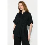 Gusto Beli Büzgülü Kısa Kollu Keten Gömlek - Siyah - XS