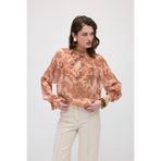 Gusto Volanlı Yaprak Desenli Rayon Şifon Bluz - Pembe