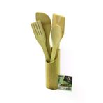 Güvenle Al 5PCS AHŞAP BAMBU MUTFAK SETİ STAND - KAŞIK - ÇATAL - 2 SPATULA FİLELİ (4745)