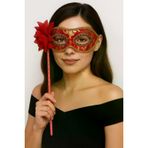 Güvenle Al Lüks Taşlı Saplı Maskeli Balo Maskesi Kırmızı Renk 35 cm (4745)
