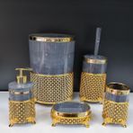 GuvenliPazar 5 Parça Yuvarlak Akrilik Ferforje Kafes Banyo Seti Antrasit Gold Karo Desen - Gri
