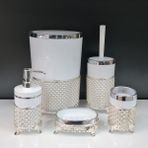 GuvenliPazar 5 Parça Yuvarlak Akrilik Ferforje Kafes Banyo Seti Beyaz Gümüş Karo Desen