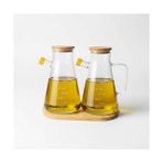 Güzel Hediyem 2'li Büyük Boy Şeffaf Cam Yağdanlık Seti - Bambu Kapaklı ve Standlı Desenli Yağlık Sirkelik (2 x 900 Ml) - Option-1
