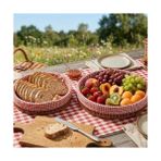 Güzel Hediyem Hasır Yuvarlak Ekmek Sepeti, Kırmızı Beyaz Kareli Kumaş Astarlı, 2'li Set, 25 cm ve 30 Cm, Piknik ve Sunum Için - Kestane Akaju - Option-1