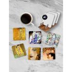 Güzel Hediyem (PSTER21248) Gustav Klimt Temalı Standlı Ahşap Bardak Altlığı Seti, 6 Adet Baskılı Bardak Fincan Kahve Altlığı - Kestane Akaju - Option-1