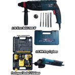 GVN PROTOOLS Profesyonel 3'lü Set - 1200W Kırıcı Delici Hilti, 125 mm Avuç Taşlama ve Çift Akülü, Full Set, Darbeli Vidalama Matkap Takımı