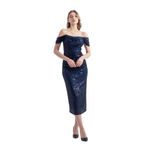 Gwen | Payetli Şeffaf Askılı Midi Kalem Abiye Elbise Carmen Yaka Düşük Kol (Lacivert, 2XL)