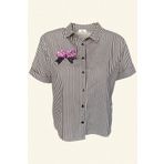 GZ Design Pembe Fiyonk Işlemeli Siyah Beyaz Çizgili Kısa Kollu Oversize Gömlek