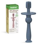 haakaa 360° Tabanlı Bebek Diş Fırçası - Bebekler için Nazik Temizlik Kendi Kendini Fırçalayan Egzersiz, Gıda Sınıfı Silikon, Ayarlanabilir Güvenlik Koruması - Çelik Mavi (1 adet)