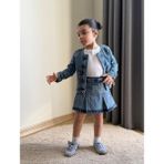HaanBebe Kız Çocuk Fiyonk Detaylı Taş Işlemeli Denim Ceket ve Etek Takımı - Lacivert - 9-10Y