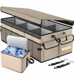 HAEGS Araç Bagaj Düzenleyici, Soğutucu Çantalı Bagaj Organizer Sağlam Katlanabilir, Otomobil ve SUV`lar için, Cepli, 3 Ana Bölmeli, 100L: 90x40x28 cm - Bej