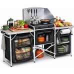 Haegs Kamp Mutfağı, Katlanır Alüminyum Kamp Tezgahı Masası Kamp Masası (3 Dolaplı - Kumaş Desenli) - 3 Dolaplı (Full Set)