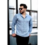 Hafif ve Nefes Alabilir Erkek Müslin Yarım Pat Hakim Yaka Oversize Gömlek- Soğuk Mavi - 2XL
